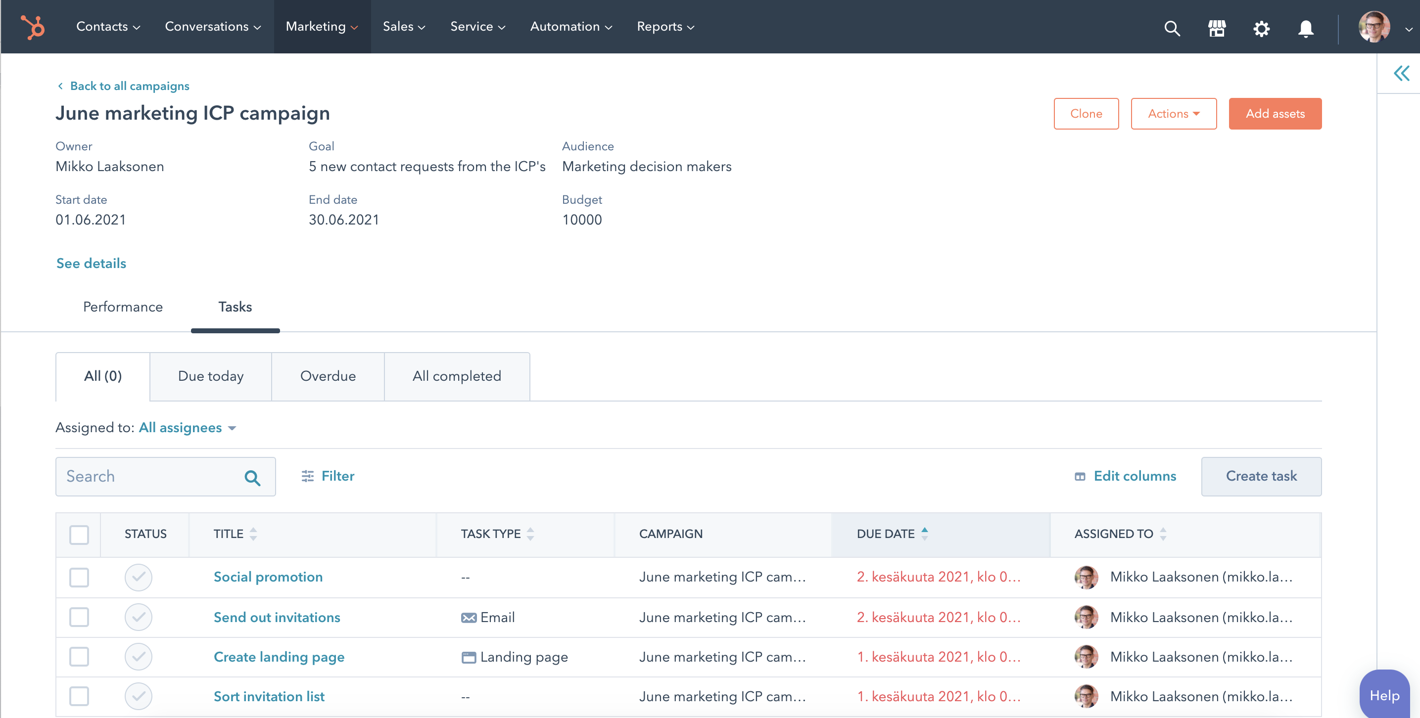 Hubspot markkinointi Campaign tasks