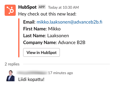 HubSpot-notifikaatio-Slackissa